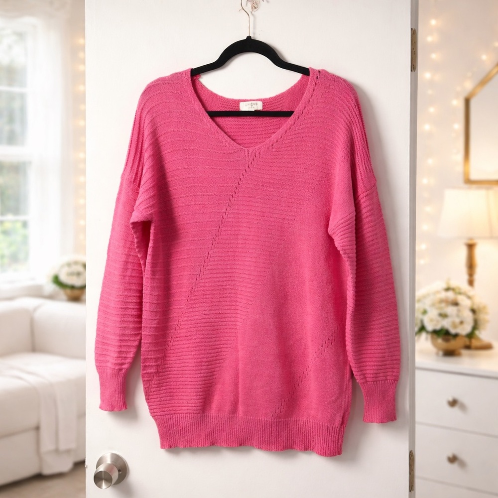 ✨ Umgee Chunky Knit Sweater Pink Oversized V Neck Long Sleeve Top Size S